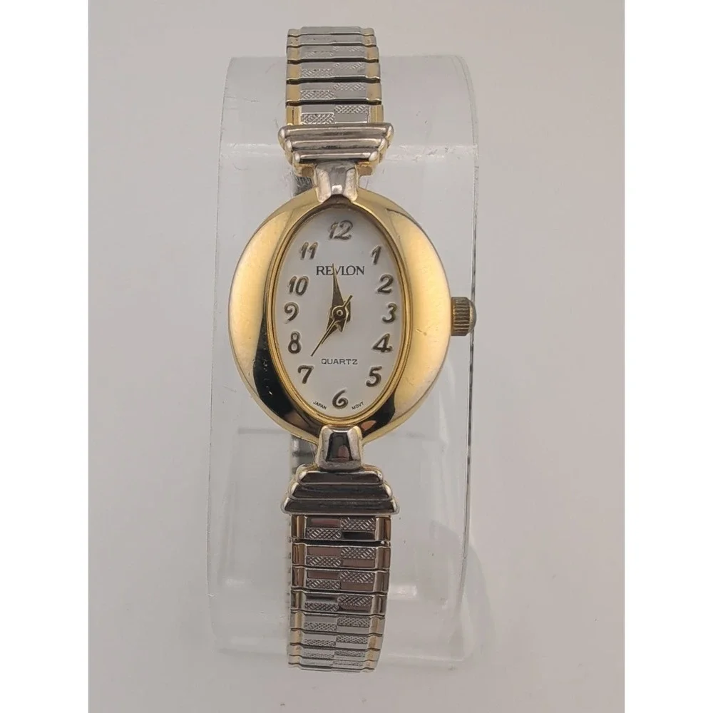 Vtg Revlon Women's Watch 20mm Gold Case Two Tone Stretch Band- New Battery
